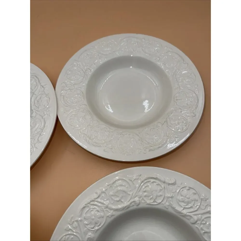 Wedgwood Patrician Rimmed Flat Soup Bowls Ivory Embossed Floral Pattern Set of 4